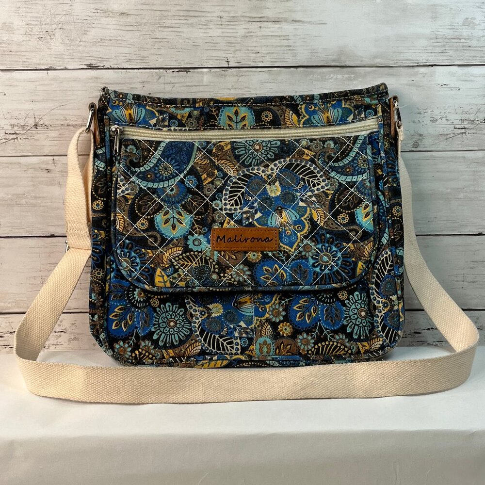 Malirona Canvas Floral Handbag Multi Pockets Women's High Quality Tote Blue